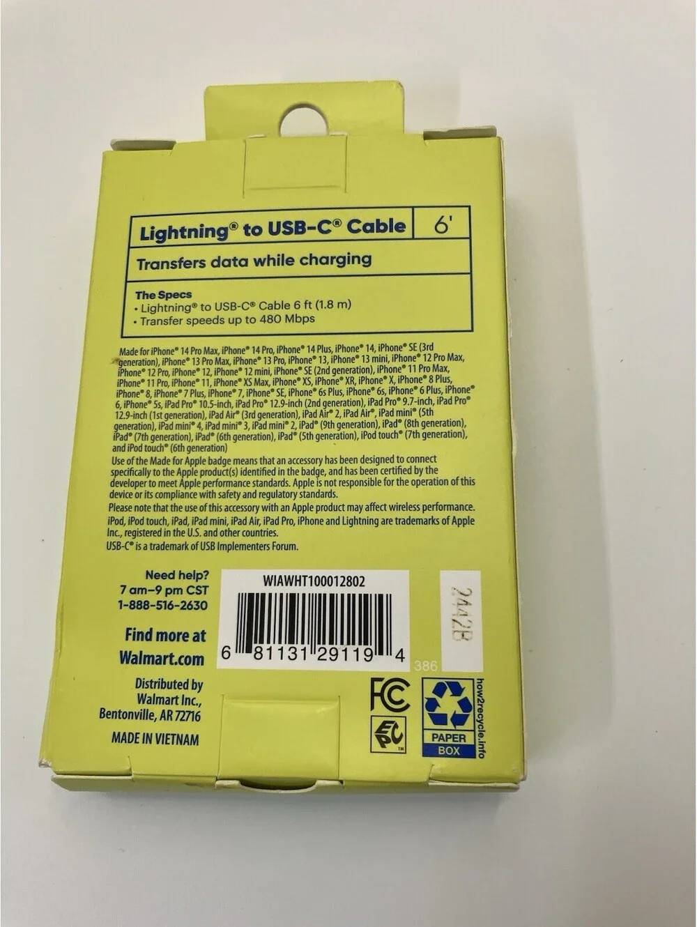 Connect Onn USB-C Cable 6'ft (1.8M) White New Sealed
